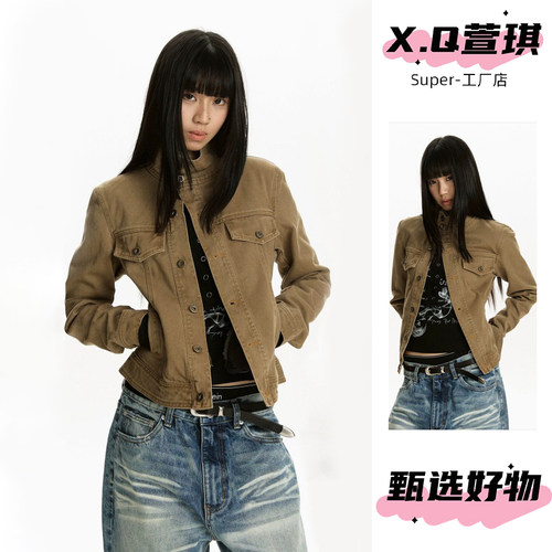 美式斜门襟设计感立领牛仔外套女