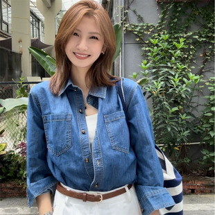 深蓝色复古牛仔衬衫女内搭叠穿港风2024秋冬新款小个子加绒软上衣