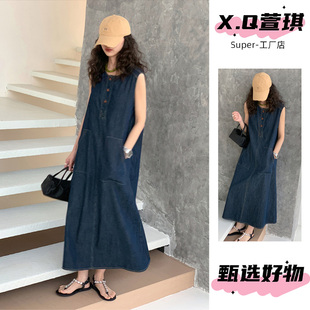 韩版牛仔无袖背心连衣裙女2026夏新款今年流行复古休闲慵懒风长裙