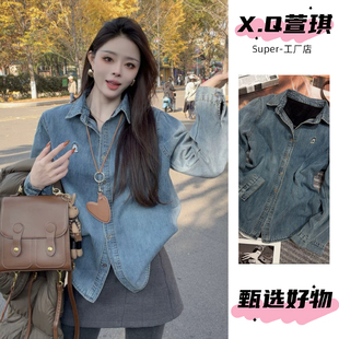 港风复古小狗刺绣牛仔衬衫 休闲宽松显瘦加绒加厚衬衣 女外套秋冬季