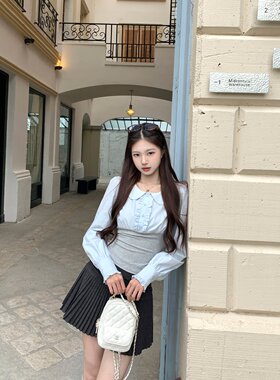 韩系拼接泡泡袖收腰衬衫