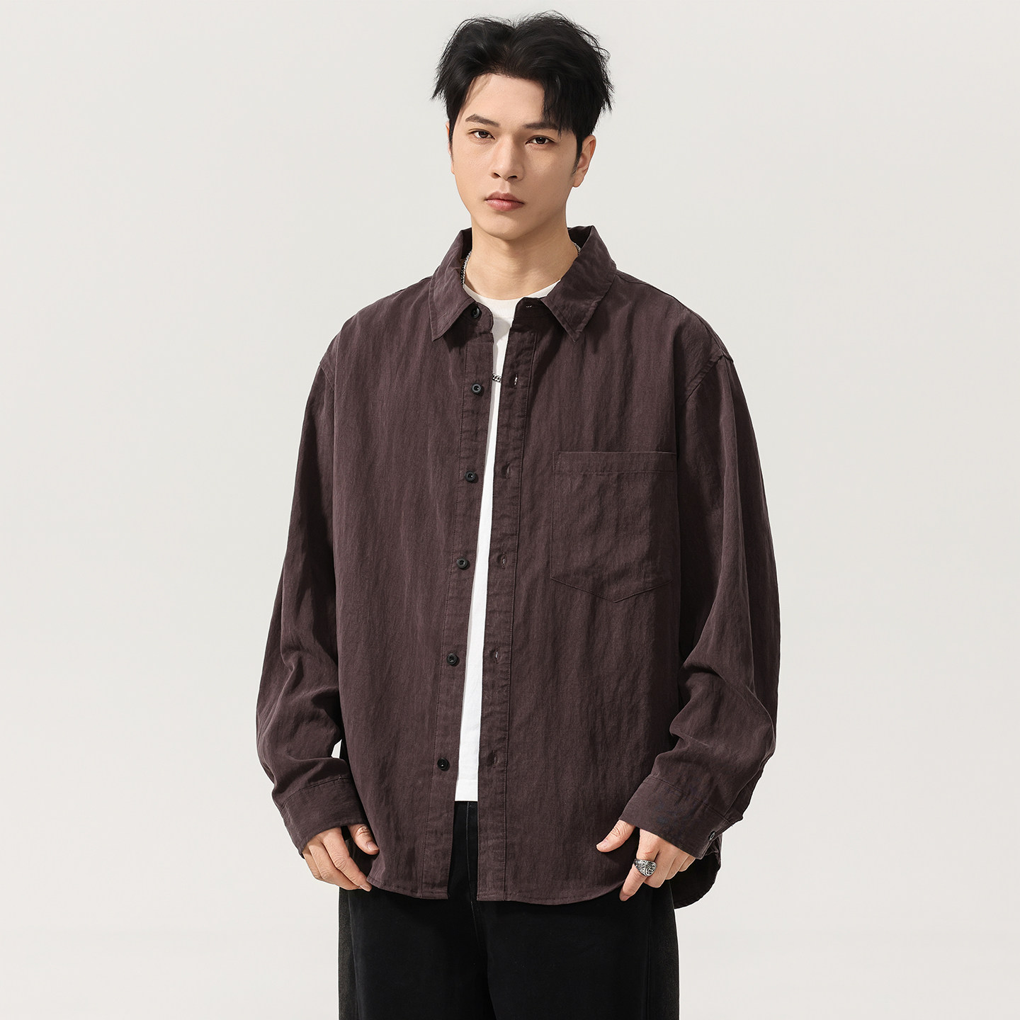 美式复古莱赛尔翻领长袖衬衫外套男2026春季新款宽松潮牌工装衬衣