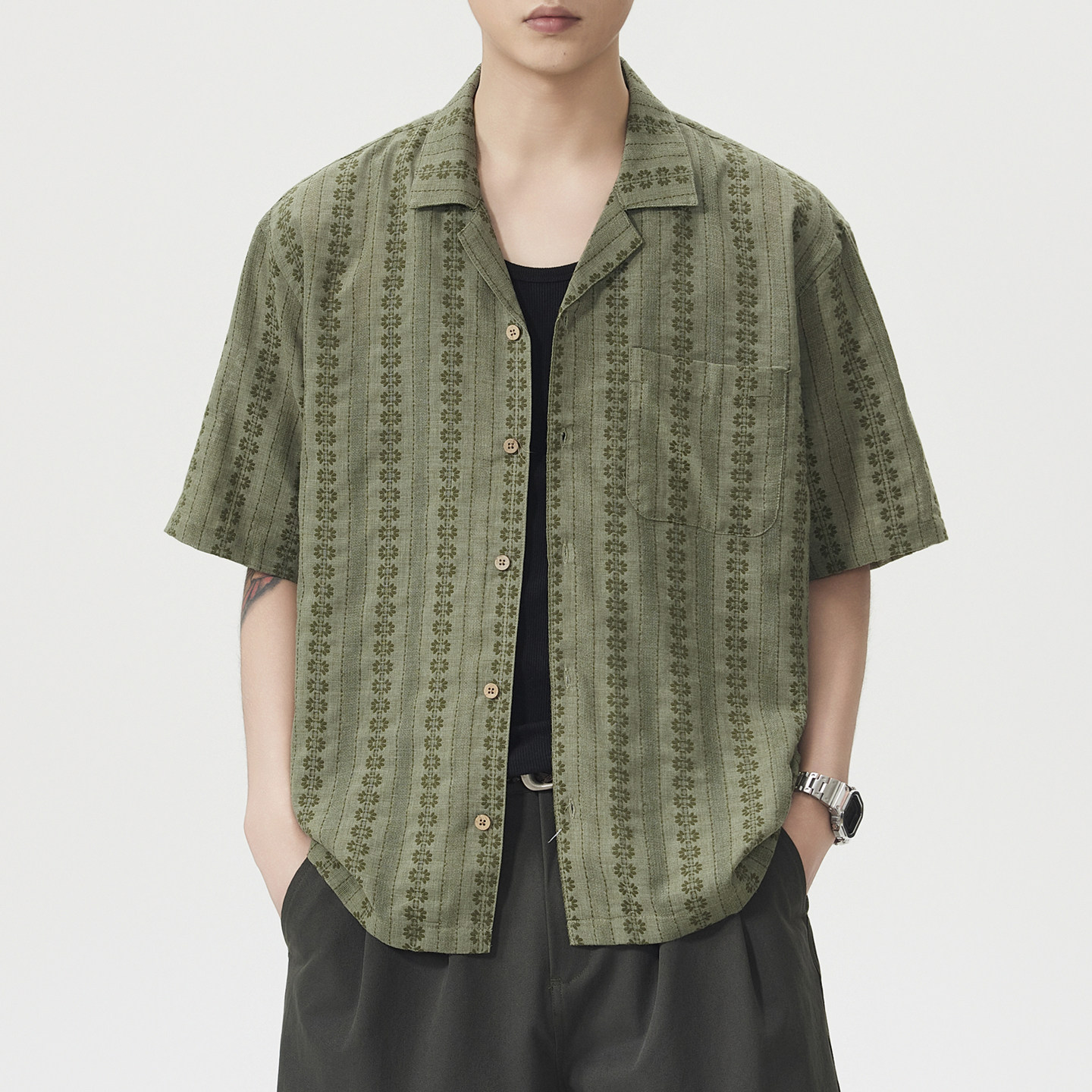 美式高级感印花古巴领短袖衬衫男2026夏季新款宽松休闲半袖衬衣潮