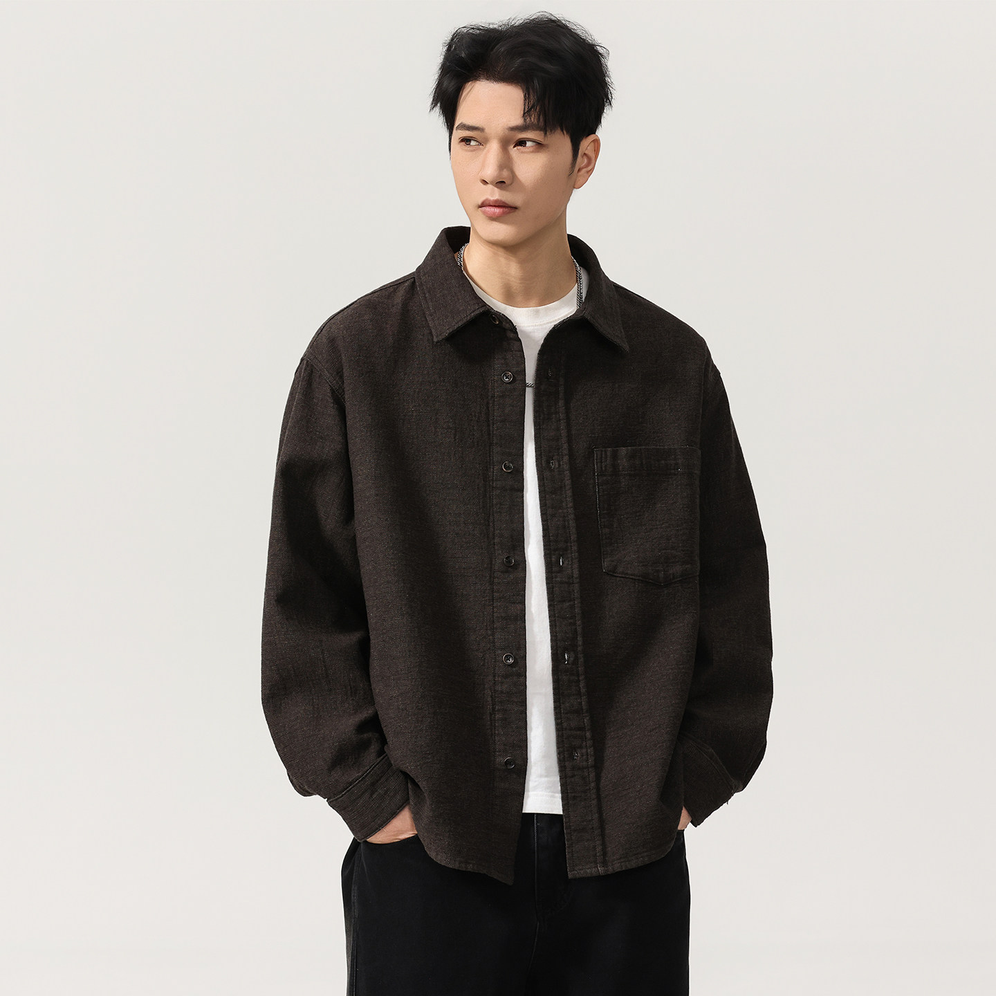 美式高端老钱风仿麻肌理长袖衬衫男2026春季宽松纯棉翻领衬衣外套