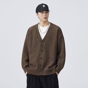 美式复古重磅V领开衫毛衣男2025冬季宽松毛线衣休闲针织衫外套潮