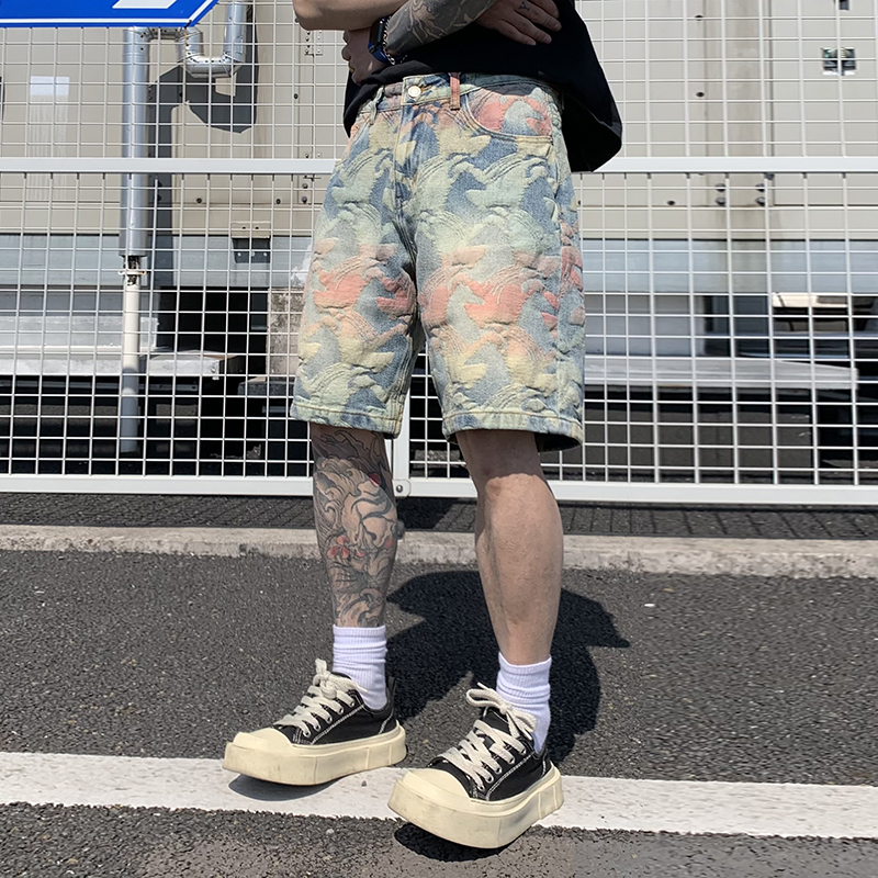 美式高街潮牌五彩提花牛仔短裤男