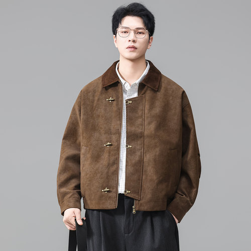 复古宽松短款飞机扣PU皮夹克男