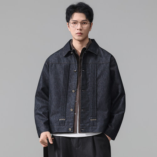 宽松翻领打褶原牛短款牛仔外套男