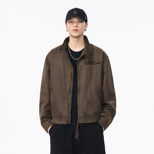 美式复古巴安油蜡皮洗褪棉布硬汉工装夹克男秋冬重磅宽松短款外套