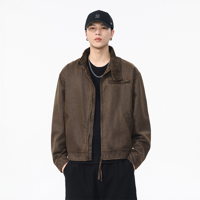 巴安油蜡皮洗褪棉布工装夹克男