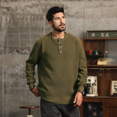 秋冬加厚竖条纹针织亨利衫毛衣男