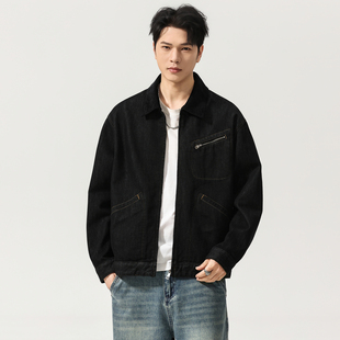 美式莱赛尔混纺底特律黑色牛仔外套男2026春季宽松翻领工装夹克潮