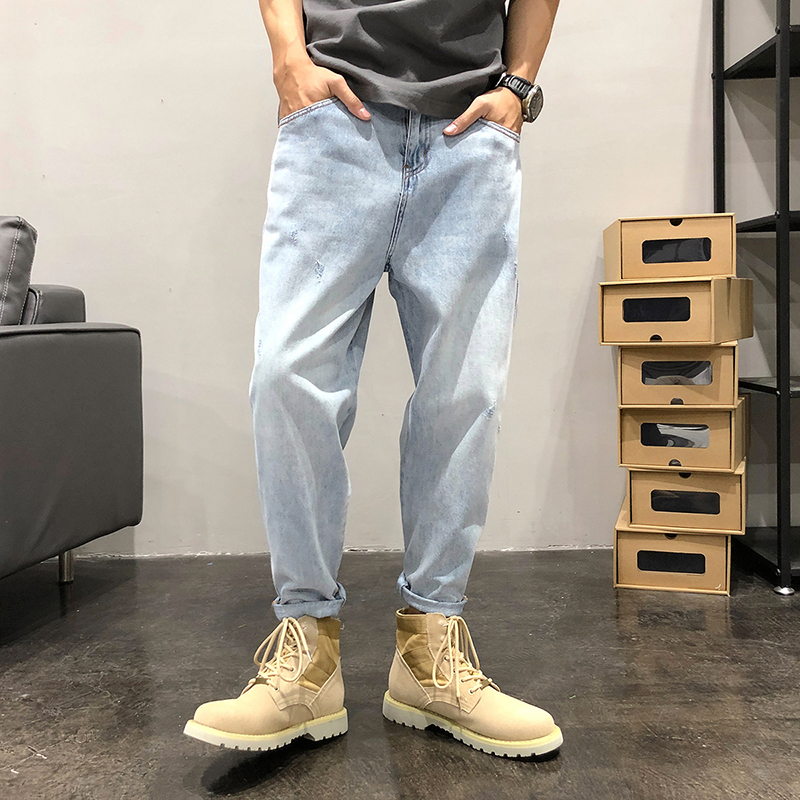 春季美式潮牌蓝白浅色九分工装