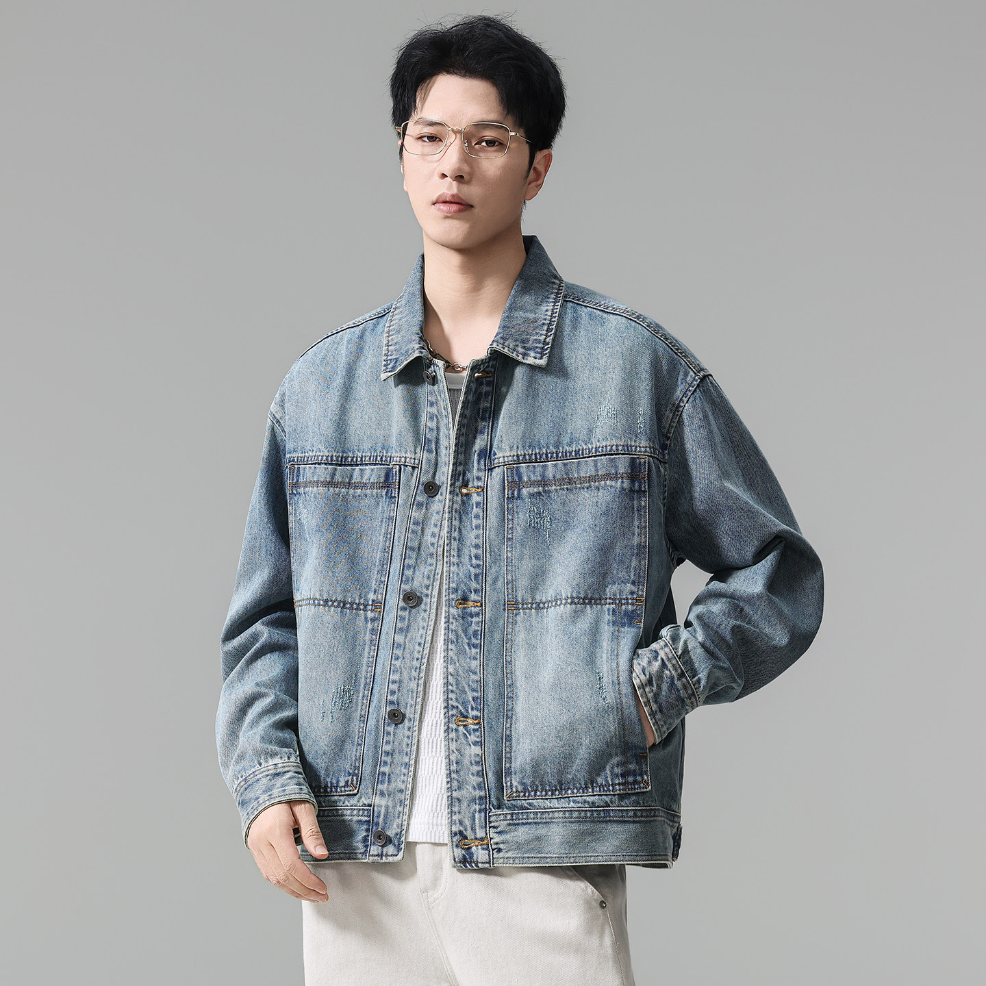 美式复古水洗短款工装牛仔外套男2026秋季宽松拼接翻领工装夹克潮