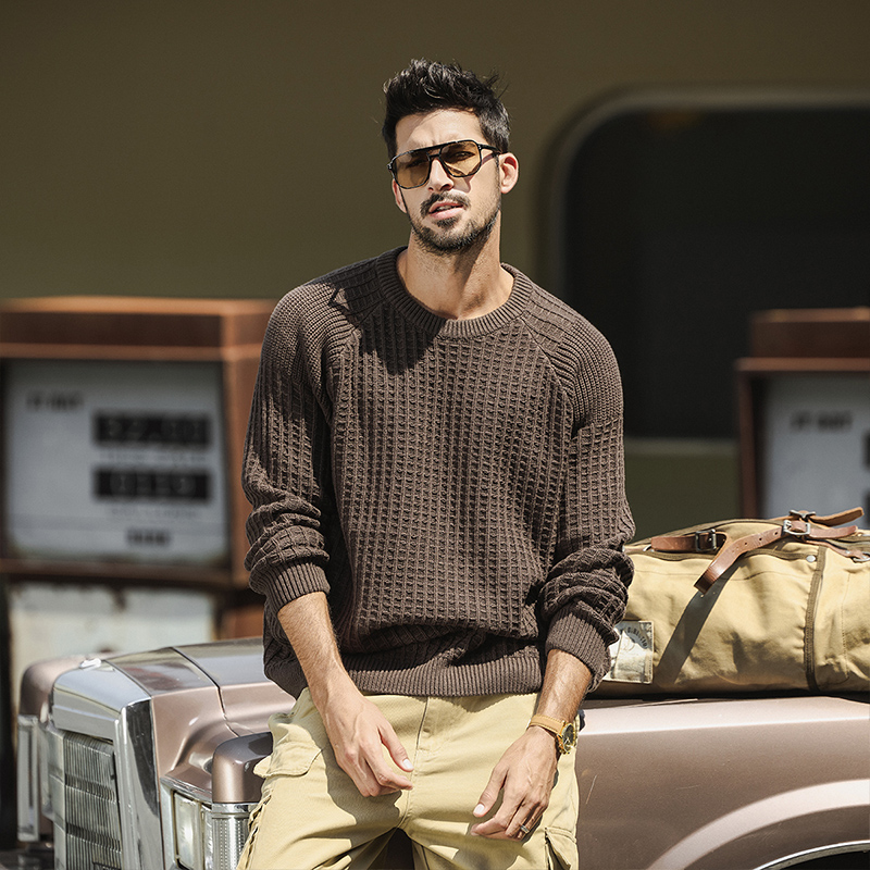 秋冬重磅休闲华夫格圆领毛衣男