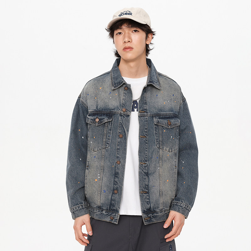 春季宽松泼墨翻领工装牛仔外套男