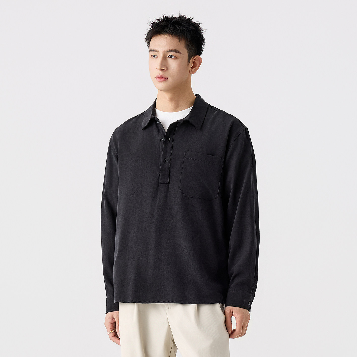 2026春夏莱赛尔亚麻混纺冰丝薄款polo衫男士长袖T恤宽松休闲上衣