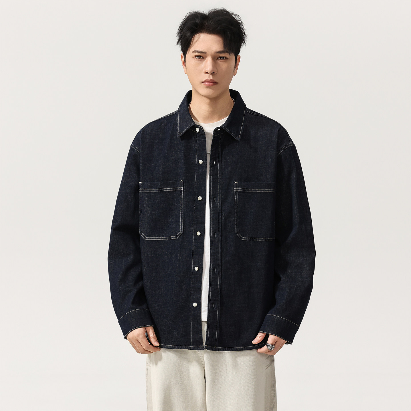 美式复古莱塞尔亚麻混纺牛仔衬衫男2026春季新款宽松工装衬衣外套