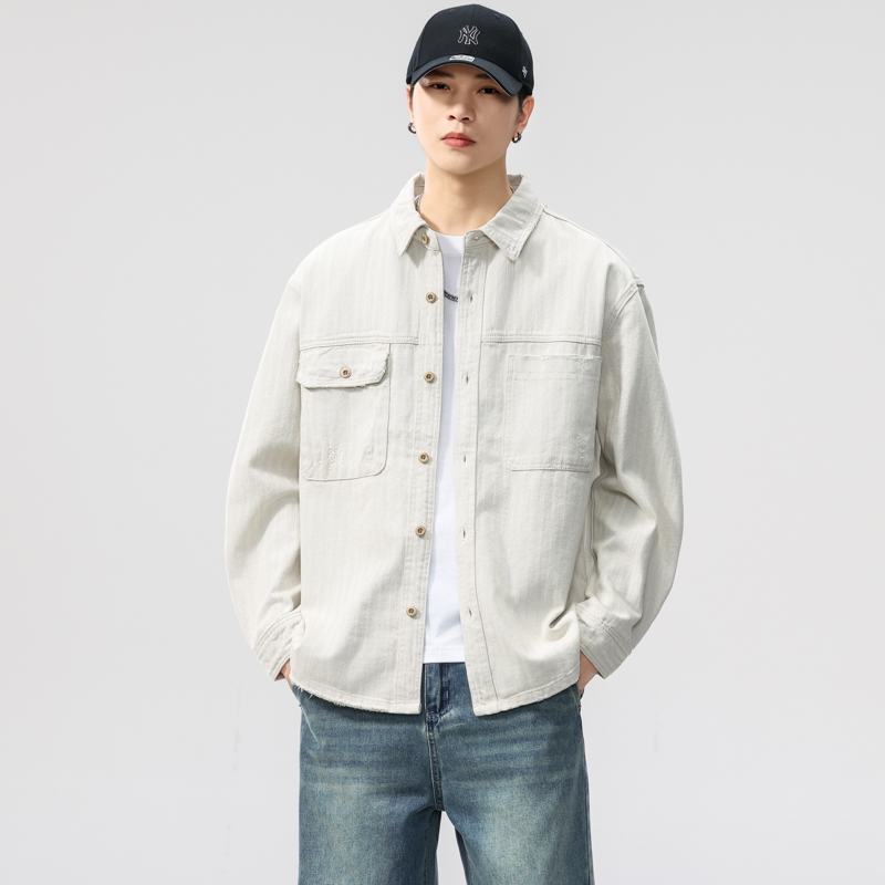 橡木白人字纹纯棉工装衬衫男长袖