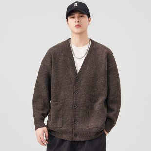 羊毛针织开衫毛衣男2025冬季750G重磅V领毛衫保暖美式老钱风外套