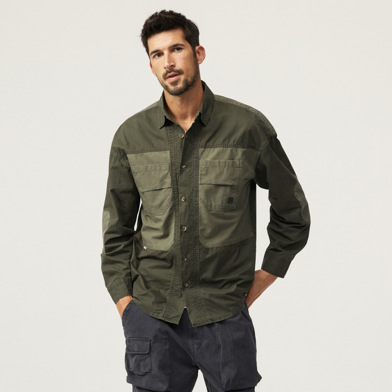 美式复古拼接工装长袖衬衫男宽松