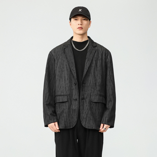 痞帅小西装 外套男休闲西服2024秋季 高级纹理感气质戗驳领西装 意式
