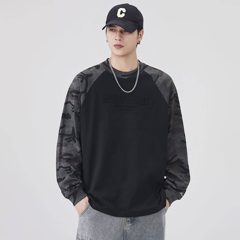 美式潮牌迷彩拼色长袖t恤男2025秋冬季宽松大码纯棉圆领内搭上衣