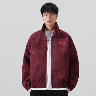 美式复古扎染立领机车皮衣外套男2025秋冬新款宽松飞行员教练夹克