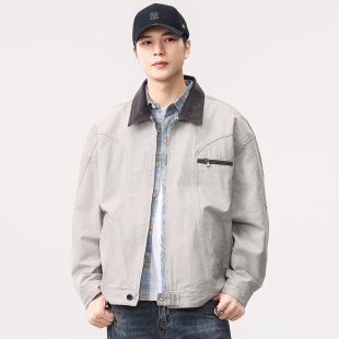 美式复古巴恩风拼色领底特律夹克男2025秋季潮牌痞帅宽松工装外套
