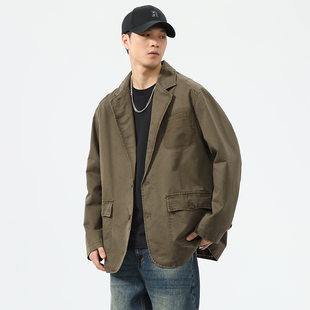 美式 夹克男2024秋冬宽松纯棉单西服外套潮 复古高端平驳领休闲西装