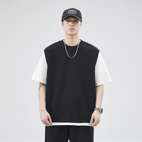 夏季宽松撞色假两件短袖t恤男