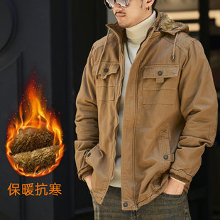 美式复古加绒加厚纯棉连帽工装外套男2025冬季宽松户外棉服夹克潮