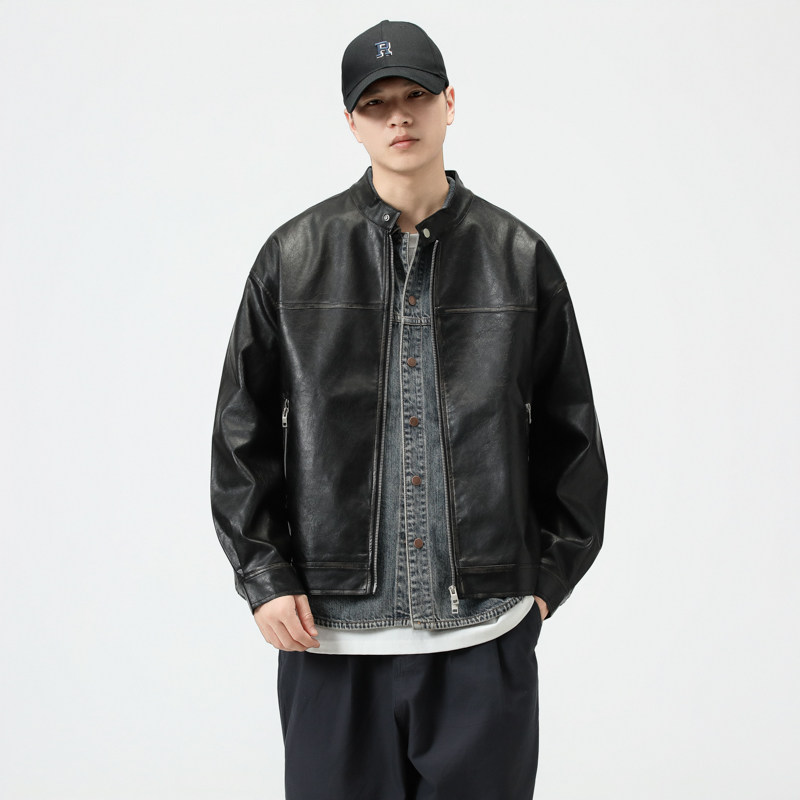 美拉德复古高端PU皮夹克外套男2024秋季宽松痞帅立领皮衣机车服