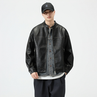 美拉德复古高端PU皮夹克外套男2024秋季宽松痞帅立领皮衣机车服