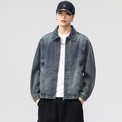 秋季宽松拼接水洗工装牛仔外套男