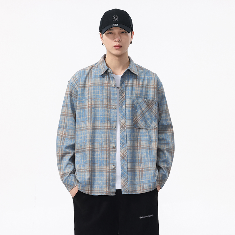 斜纹莱赛尔色织格子长袖衬衫男