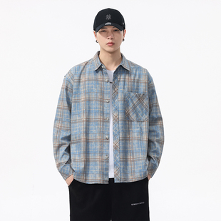 美式复古斜纹莱赛尔色织格子长袖衬衫男2025秋季潮牌宽松衬衣外套