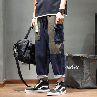 春季日系潮牌复古拼色贴布牛仔裤男潮流直筒休闲宽松阔腿工装裤子