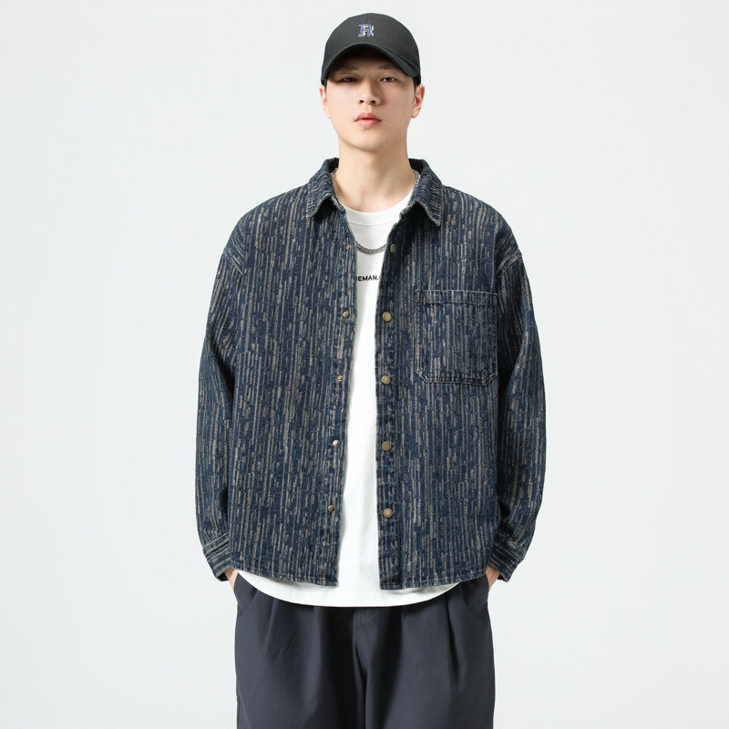 美式高端提花长袖牛仔衬衫男2024秋季新款宽松大码翻领夹克外套潮