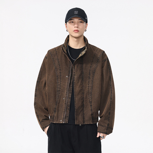 美式复古巴恩风短款立领外套男2025秋季新款宽松解构廓形工装夹克