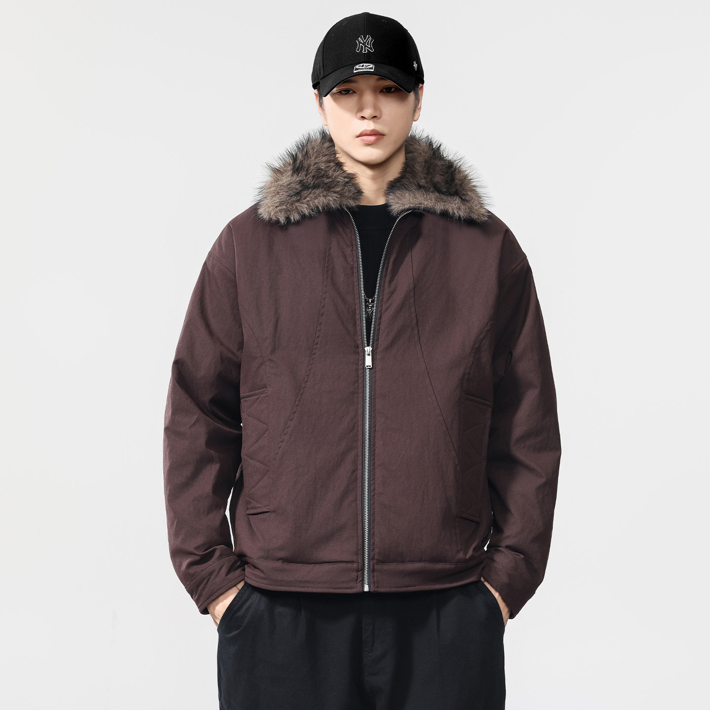 仿貂绒毛领可拆卸座山雕棉服男