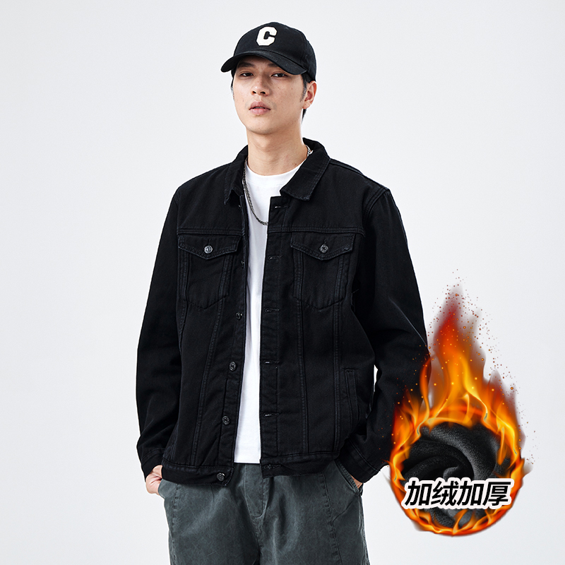 冬季宽松宽松加绒加厚牛仔外套男