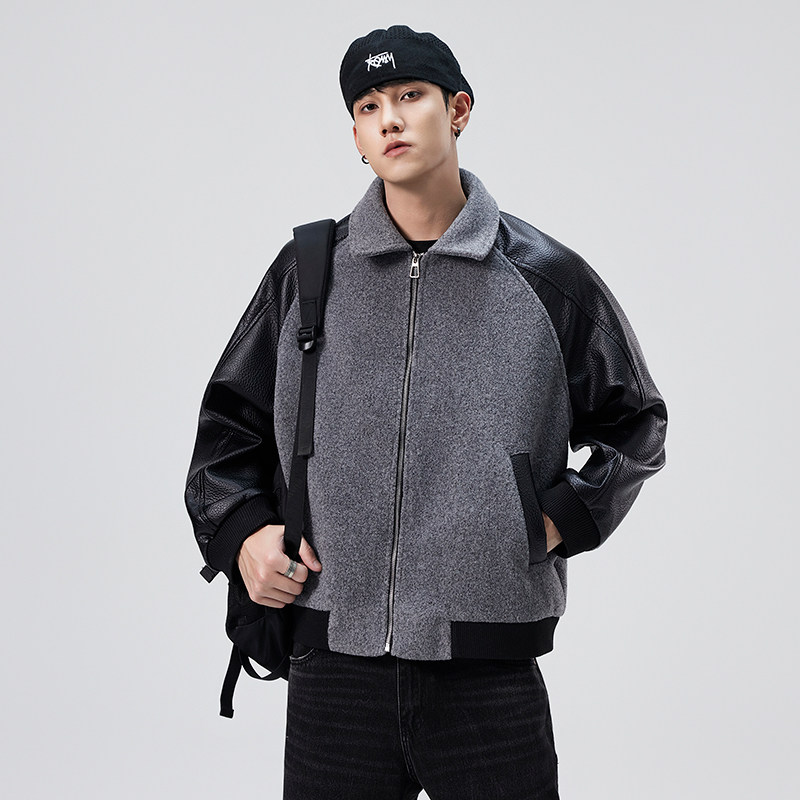 冬季加厚保暖pu皮拼接毛呢棉服男