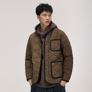 美式复古撞色多口袋菱格仿羽棉衣外套男2024冬季宽松大码加厚棉服