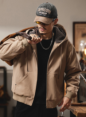 美式复古J130重磅羊羔绒连帽夹克男2024秋冬宽松加厚保暖短款外套