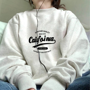 美式复古加绒加圆领卫衣女款无帽秋冬正肩长袖上衣女秋冬2025新款