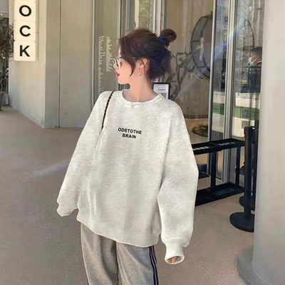 美式复古加绒加厚圆领宽松灰色卫衣女款无帽秋冬正肩长袖上衣女