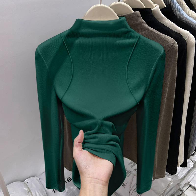 加绒加厚德绒绿色半高领打底衫女秋冬洋气长袖上衣内搭新款高级感