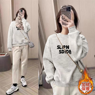 美式复古加绒加圆领灰色卫衣女款无帽秋冬正肩上衣女秋冬2025新款