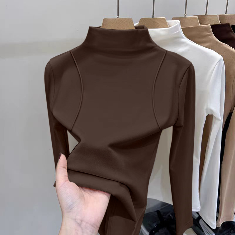 德绒加绒加厚棕色内搭半高领别致修身打底衫女秋冬2025新款可外穿